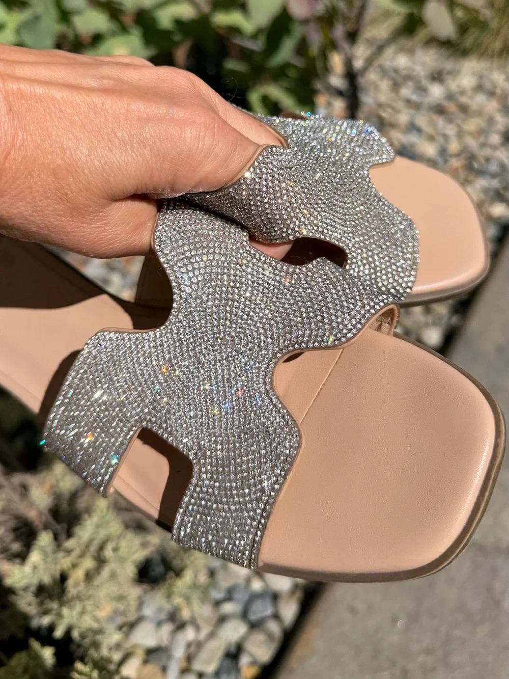 Sparkly Rhinestones Nude Slide Sandals with Crystal-Strap Accents in H Style - Picture 9 of 11